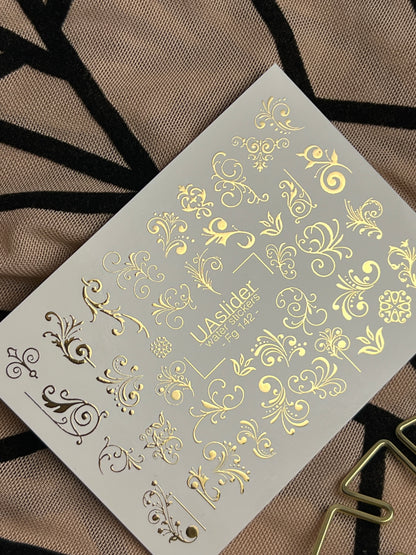 Nail Water Decal Fg-142 | Water Slide Nail Decals with Gold Swirls and Ornaments | Elegant Nail Art