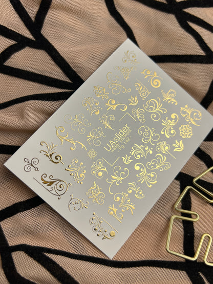 Nail Water Decal Fg-142 | Water Slide Nail Decals with Gold Swirls and Ornaments | Elegant Nail Art