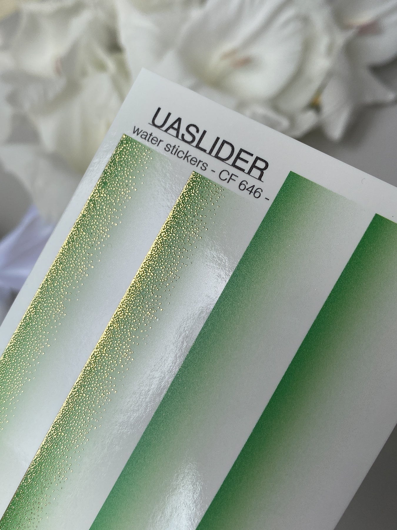 Nail Water Decal CF-646 | Gradient Water Slide Nail Decals | Green Ombre with Gold Glitter for Long Nails - UASLIDER