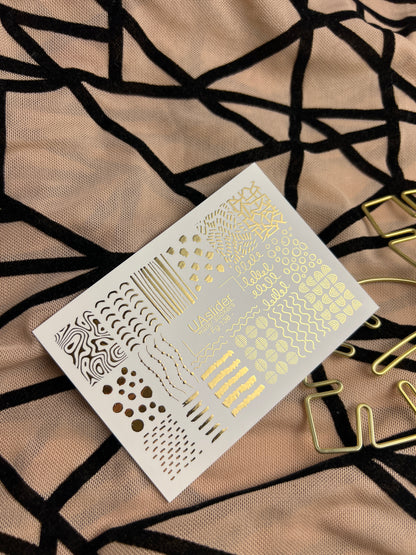 Adesivo per unghie Fg-138 | Adesivi per unghie a trasferimento ad acqua con linee astratte dorate e puntini | Nail art minimalista