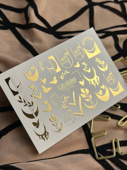 Nail Water Decal Fg-141 | Water Slide Nail Decals with Gold Geometric Moons and Butterflies | Modern Nail Tattoos
