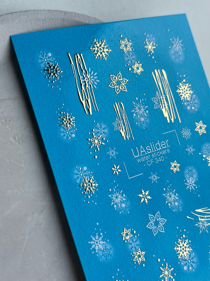 Nail Water Decal CF-340 | Water Slide Nail Decals | Gold Snowflakes & Abstract Winter Lines