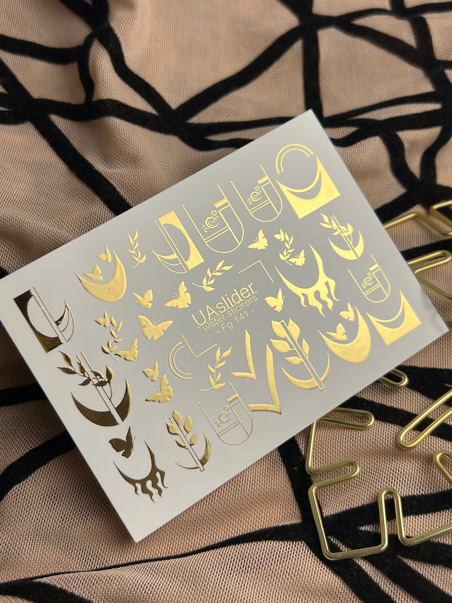 Nail Water Decal Fg-141 | Water Slide Nail Decals with Gold Geometric Moons and Butterflies | Modern Nail Tattoos