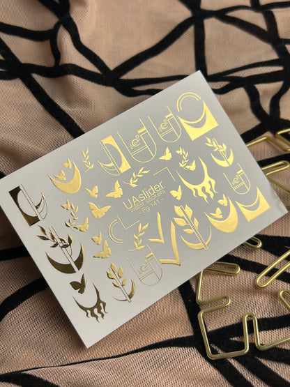 Nail Water Decal Fg-141 | Water Slide Nail Decals with Gold Geometric Moons and Butterflies | Modern Nail Tattoos