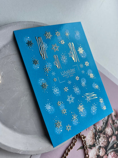 Nail Water Decal CF-340 | Water Slide Nail Decals | Gold Snowflakes & Abstract Winter Lines