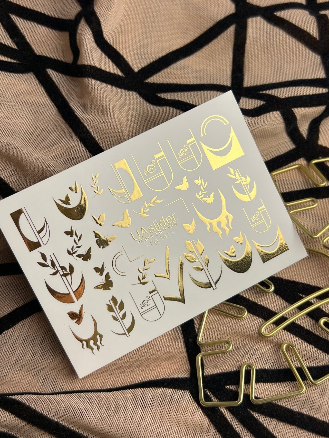 Nail Water Decal Fg-141 | Water Slide Nail Decals with Gold Geometric Moons and Butterflies | Modern Nail Tattoos - UASLIDER