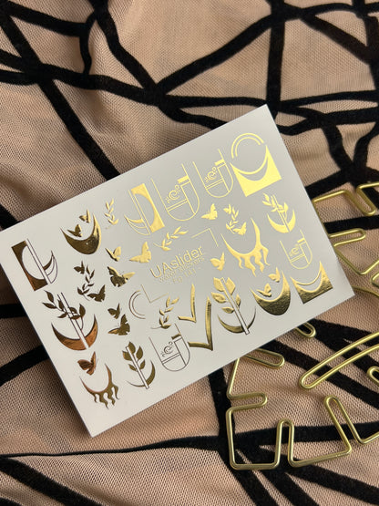 Nail Water Decal Fg-141 | Water Slide Nail Decals with Gold Geometric Moons and Butterflies | Modern Nail Tattoos