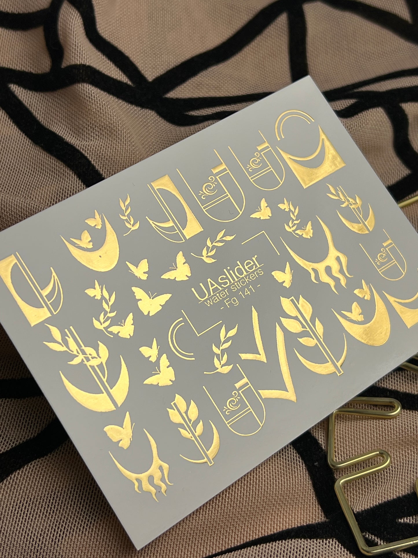 Nail Water Decal Fg-141 | Water Slide Nail Decals with Gold Geometric Moons and Butterflies | Modern Nail Tattoos