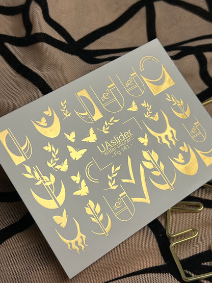 Nail Water Decal Fg-141 | Water Slide Nail Decals with Gold Geometric Moons and Butterflies | Modern Nail Tattoos