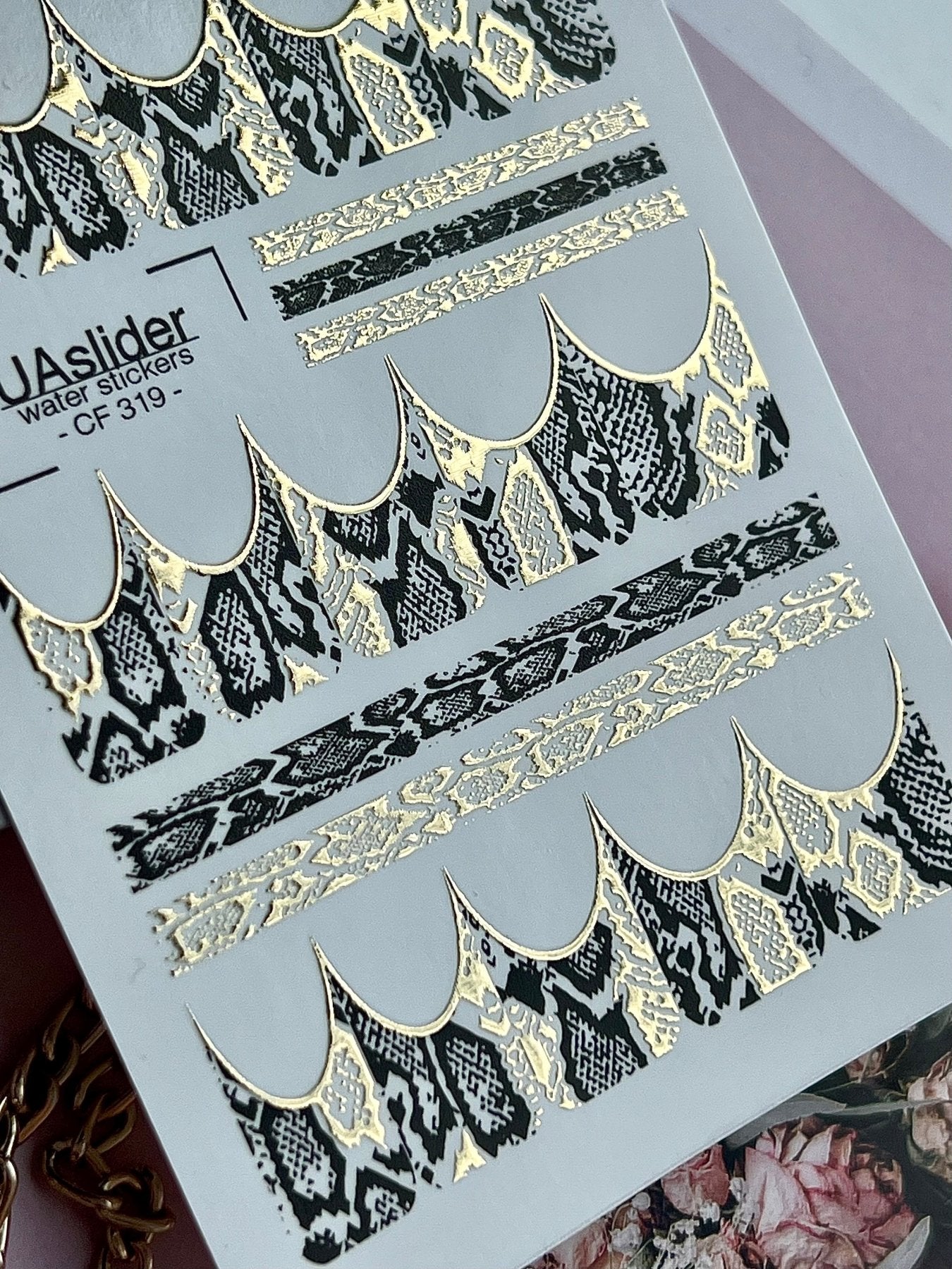 Nail Water Decal CF-319 | Snake Print Nail Water Decals | Black & Gold Python Design - UASLIDER