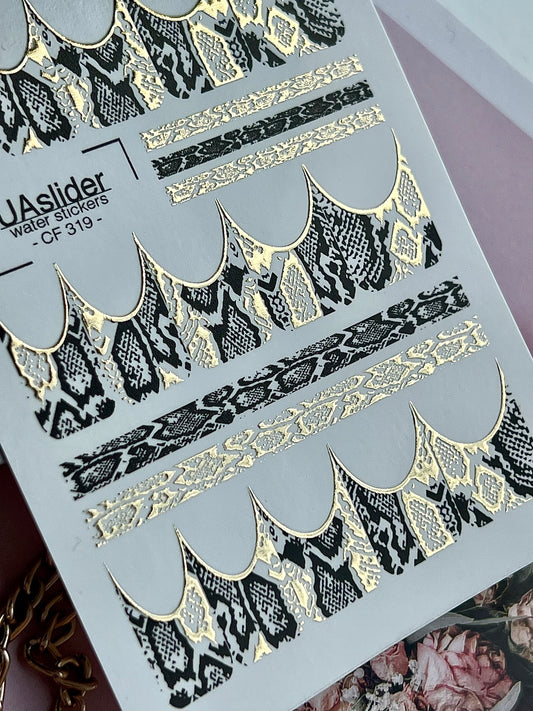 Nail Water Decal CF-319 | Snake Print Nail Water Decals | Black & Gold Python Design