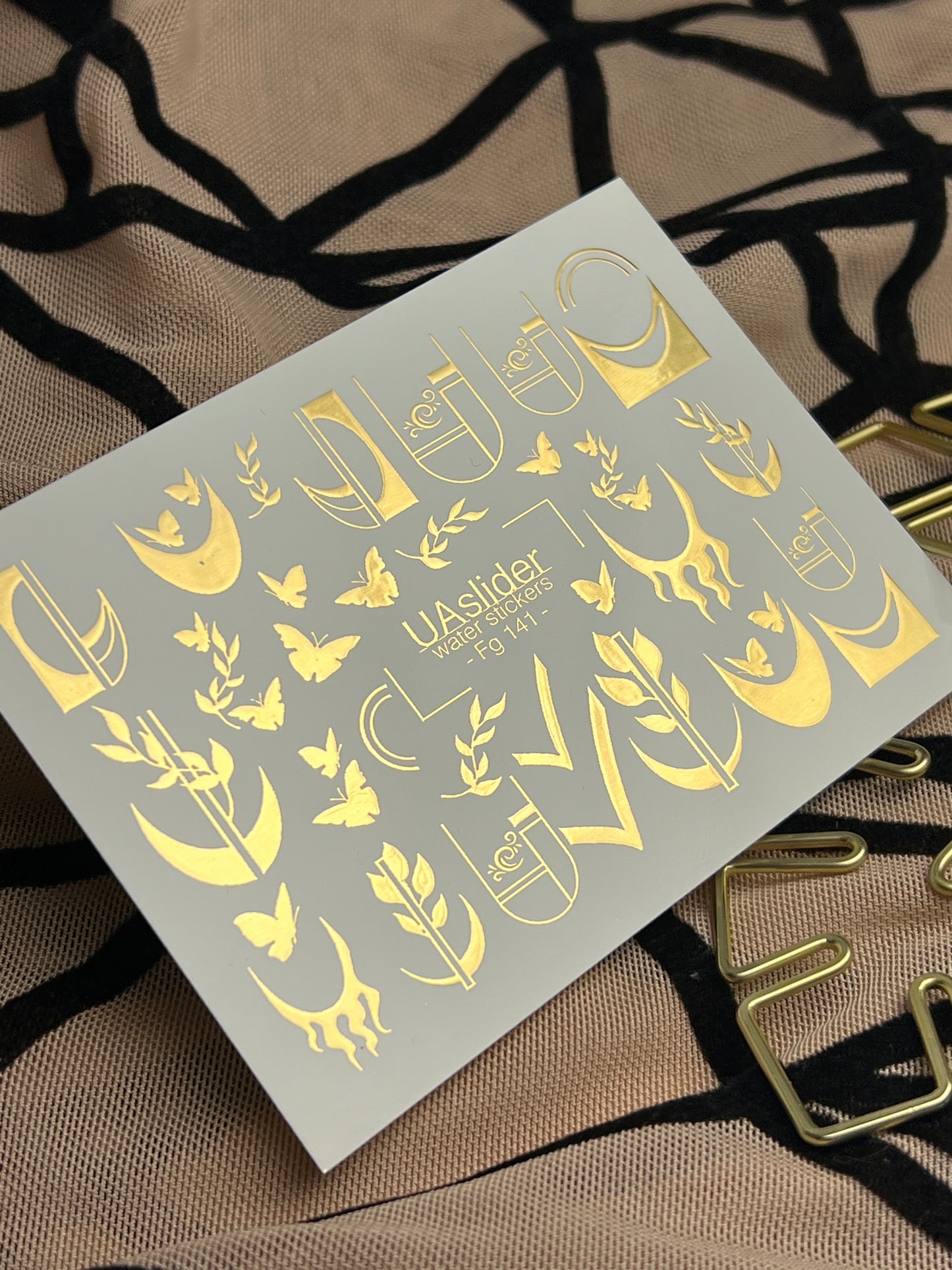 Nail Water Decal Fg-141 | Water Slide Nail Decals with Gold Geometric Moons and Butterflies | Modern Nail Tattoos