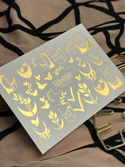 Nail Water Decal Fg-141 | Water Slide Nail Decals with Gold Geometric Moons and Butterflies | Modern Nail Tattoos