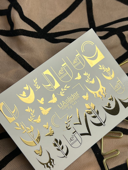 Nail Water Decal Fg-141 | Water Slide Nail Decals with Gold Geometric Moons and Butterflies | Modern Nail Tattoos