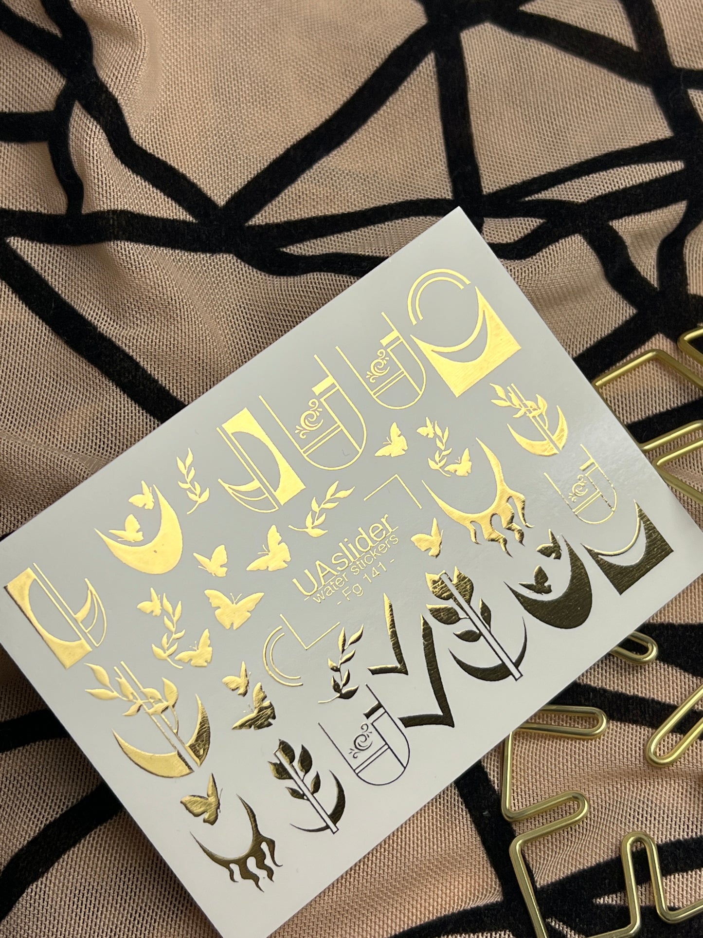 Nail Water Decal Fg-141 | Water Slide Nail Decals with Gold Geometric Moons and Butterflies | Modern Nail Tattoos