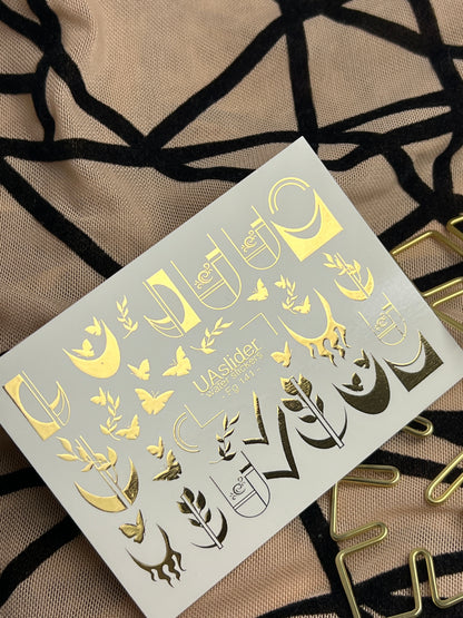 Nail Water Decal Fg-141 | Water Slide Nail Decals with Gold Geometric Moons and Butterflies | Modern Nail Tattoos