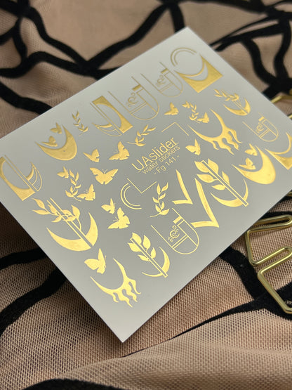 Nail Water Decal Fg-141 | Water Slide Nail Decals with Gold Geometric Moons and Butterflies | Modern Nail Tattoos