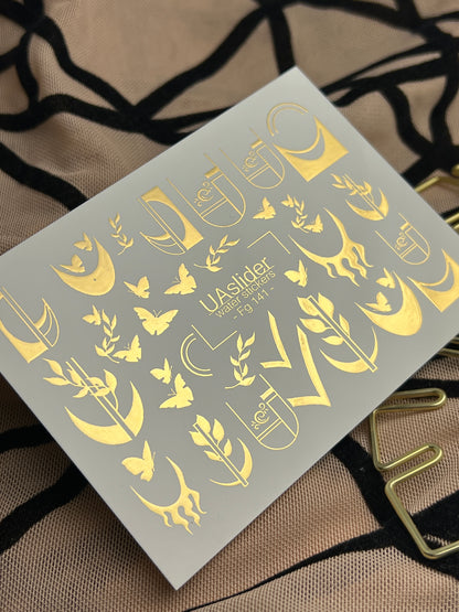 Nail Water Decal Fg-141 | Water Slide Nail Decals with Gold Geometric Moons and Butterflies | Modern Nail Tattoos
