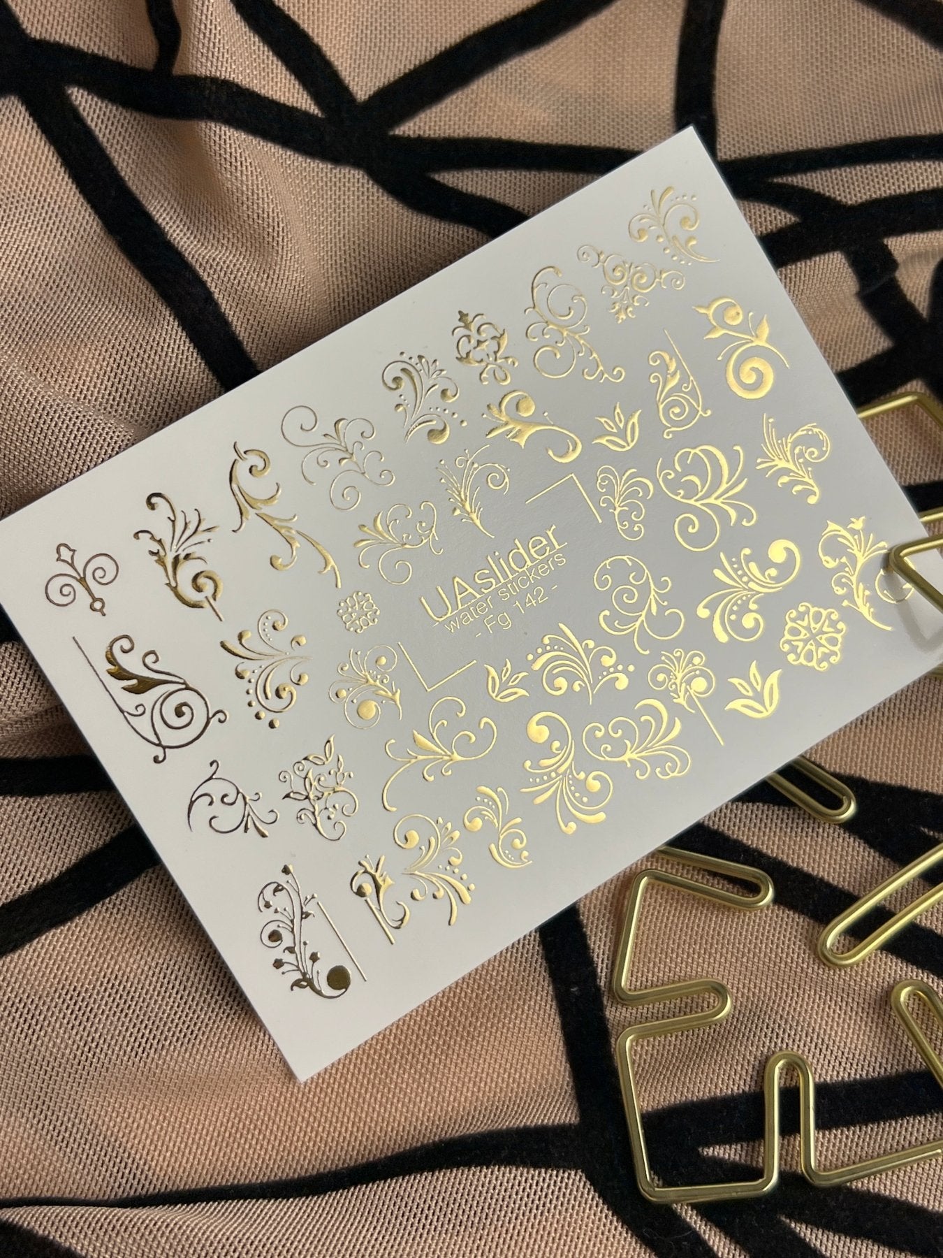 Nail Water Decal Fg-142 | Water Slide Nail Decals with Gold Swirls and Ornaments | Elegant Nail Art - UASLIDER