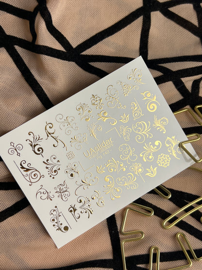 Nail Water Decal Fg-142 | Water Slide Nail Decals with Gold Swirls and Ornaments | Elegant Nail Art