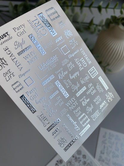 Nail Water Decal Fs-262 | Fashion Text Water Slide Nail Decals | Silver Foil Words & Trendy Phrases