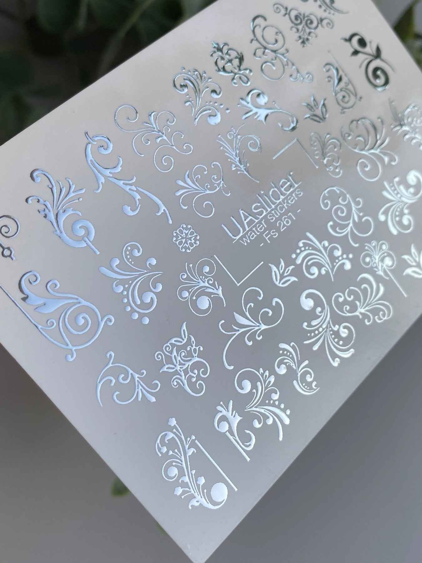 Nail Water Decal Fs-261 | Ornamental Water Slide Nail Decals | Silver Foil Vintage Swirls & Flourishes - UASLIDER