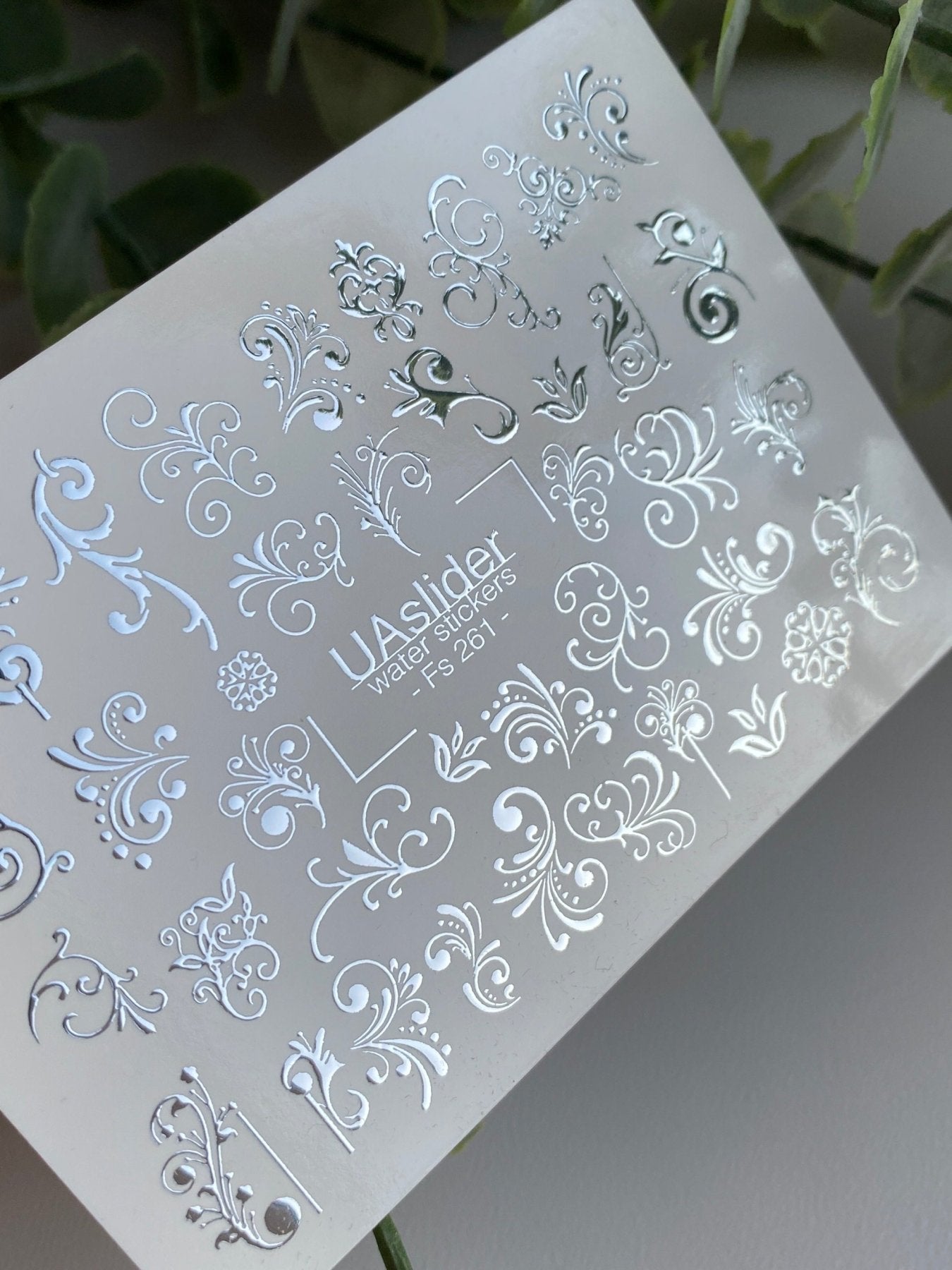 Nail Water Decal Fs-261 | Ornamental Water Slide Nail Decals | Silver Foil Vintage Swirls & Flourishes - UASLIDER