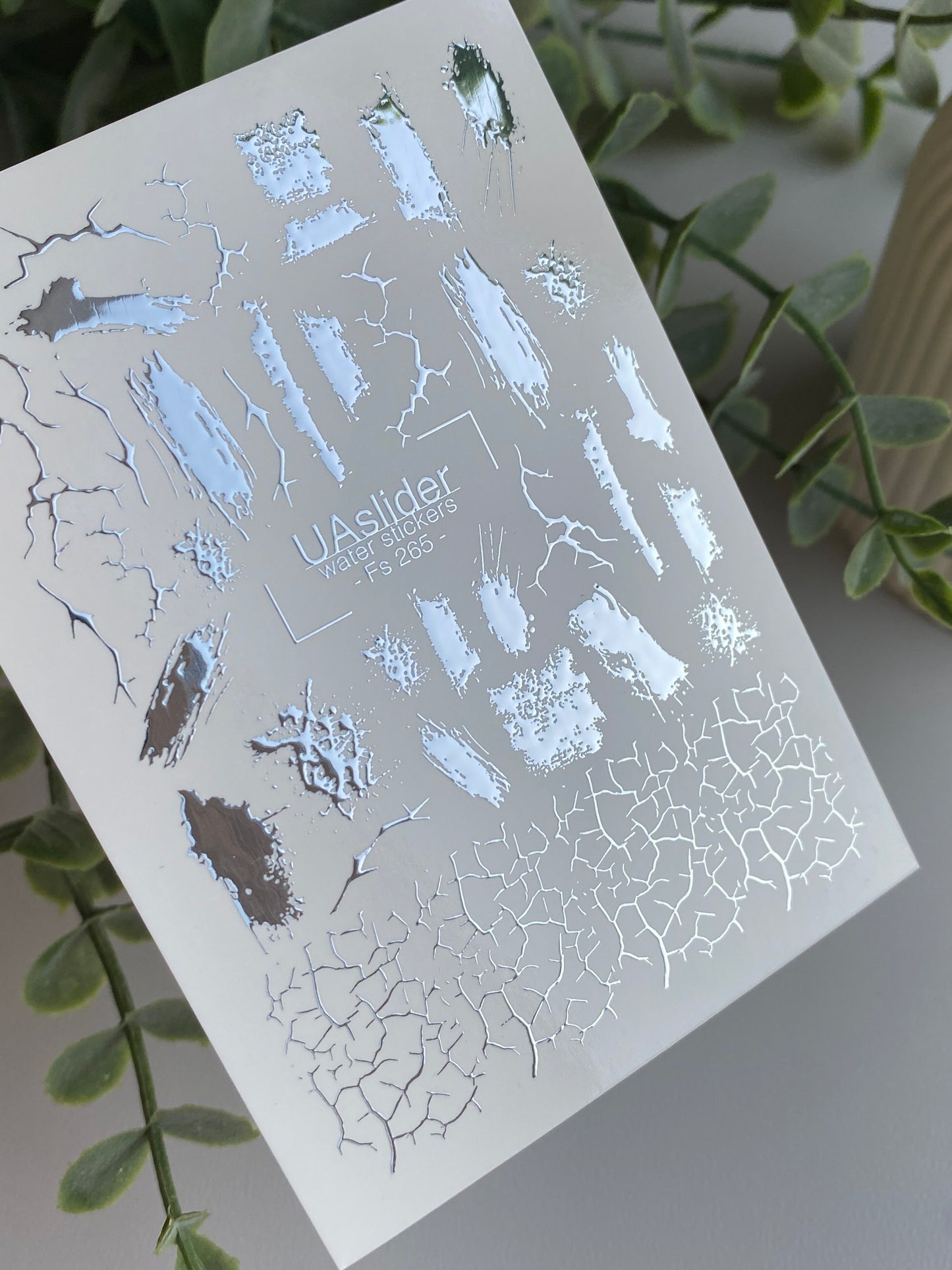 Nail Water Decal Fs-265 | Abstract Water Slide Nail Decals | Silver Foil Brush Strokes & Cracked Texture