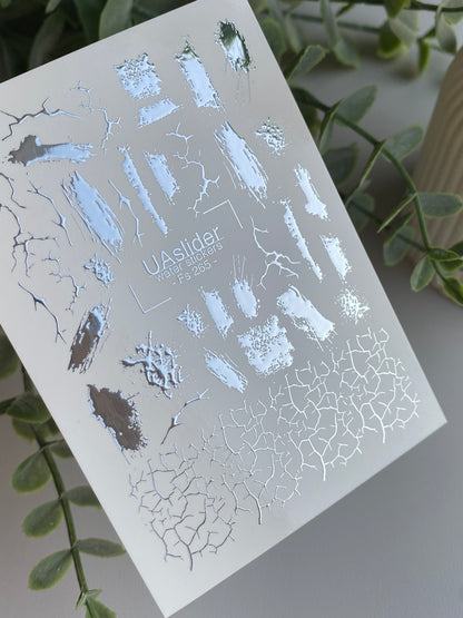 Nail Water Decal Fs-265 | Abstract Water Slide Nail Decals | Silver Foil Brush Strokes & Cracked Texture