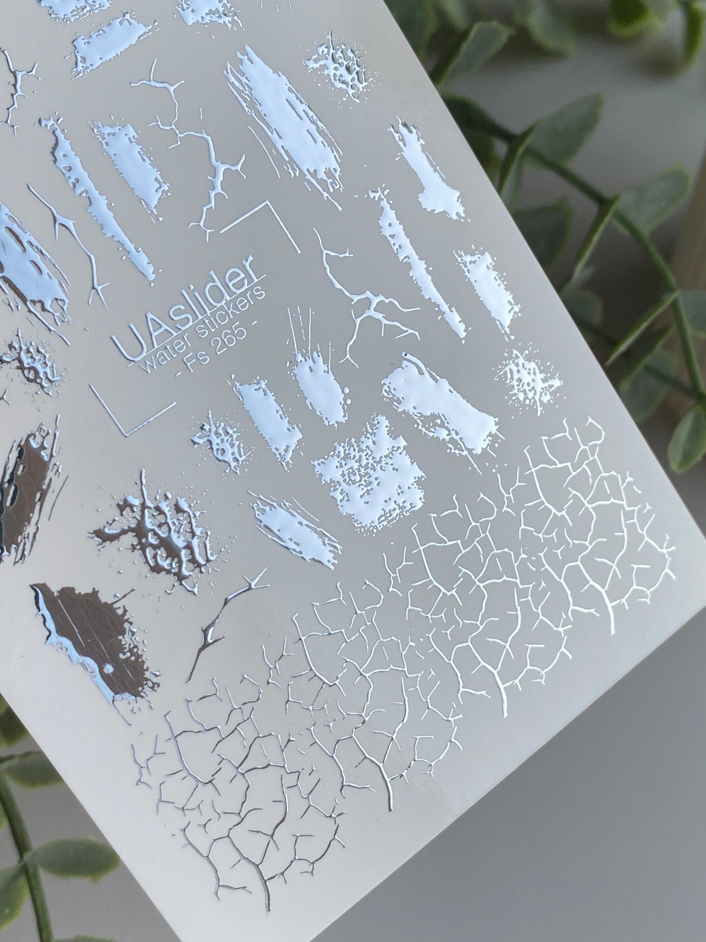 Nail Water Decal Fs-265 | Abstract Water Slide Nail Decals | Silver Foil Brush Strokes & Cracked Texture