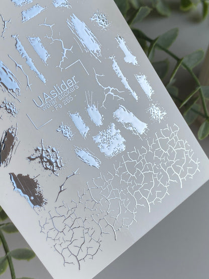Nail Water Decal Fs-265 | Abstract Water Slide Nail Decals | Silver Foil Brush Strokes & Cracked Texture