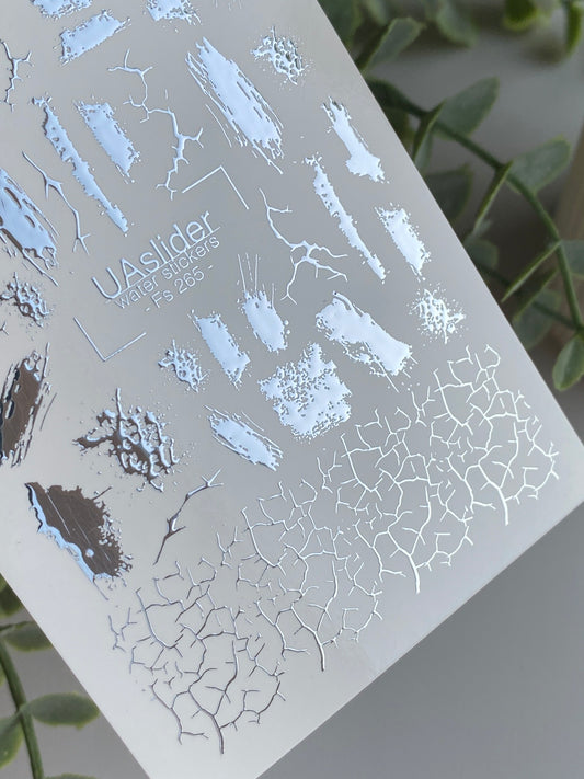 Nail Water Decal Fs-265 | Abstract Water Slide Nail Decals | Silver Foil Brush Strokes & Cracked Texture