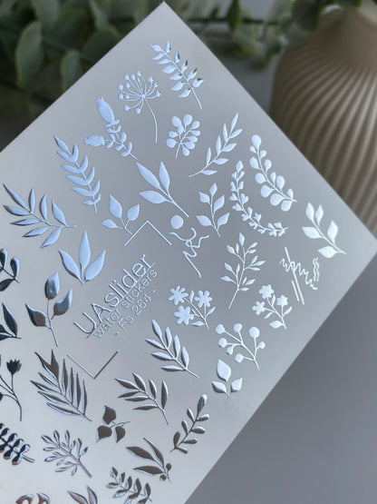 Köröm víz matrica Fs-264 | Botanikus vízcsúsztatós köröm matricák | Ezüst fólia levelek és virágos ágvégek