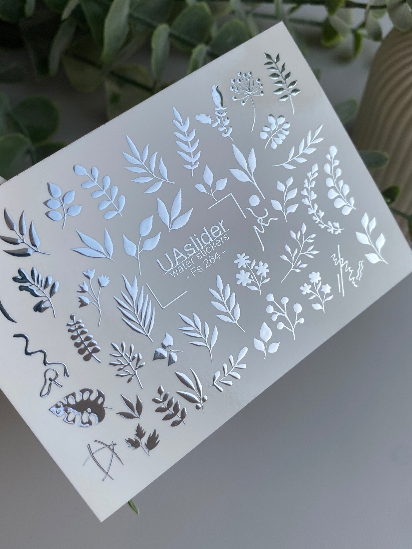 Nail Water Decal Fs-264 | Botanical Water Slide Nail Decals | Silver Foil Leaves & Floral Sprigs - UASLIDER