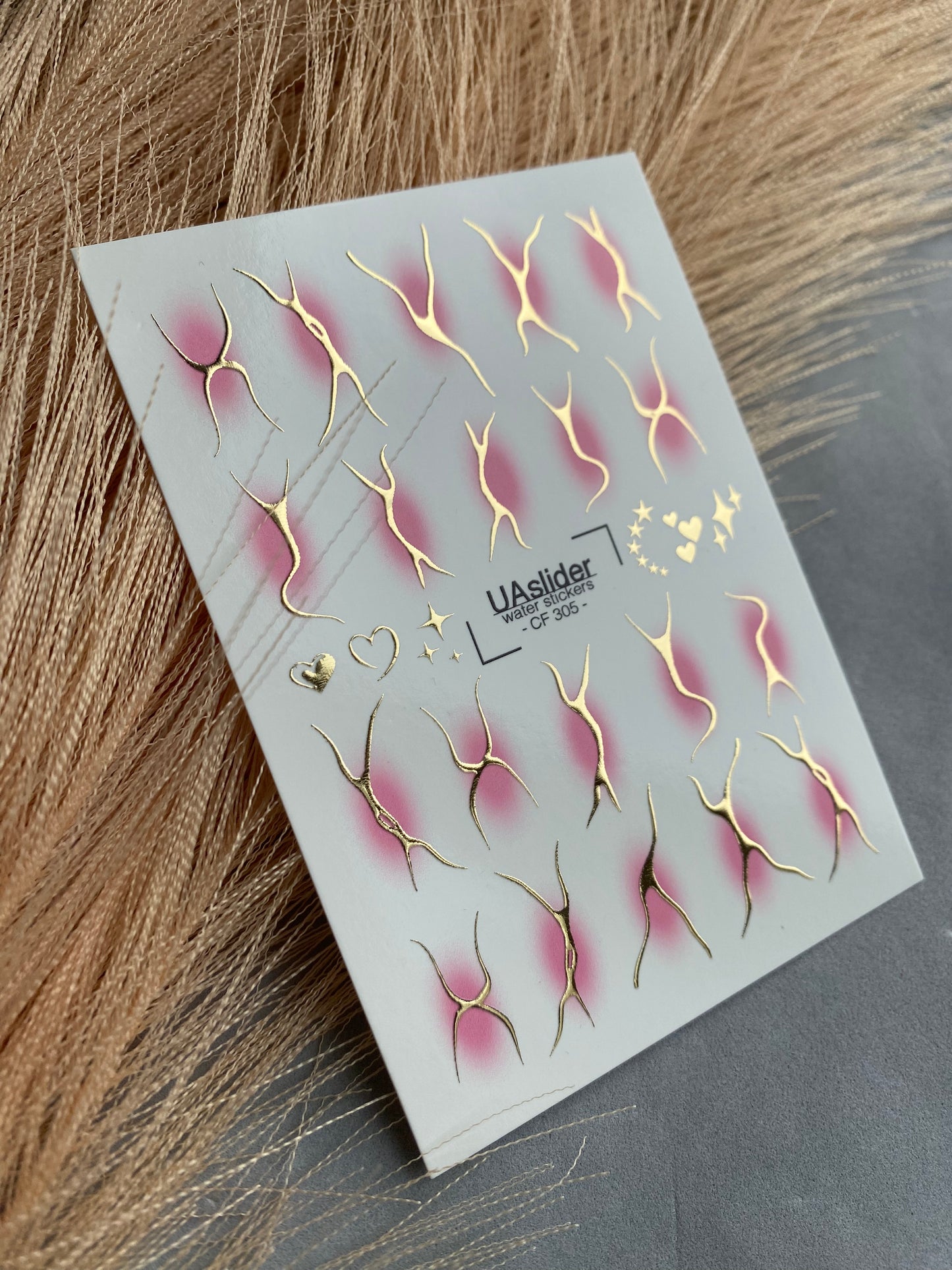 Nail Water Decal CF-305 | Abstract Gold Water Slide Nail Decals | Pink Shadows, Stars & Hearts