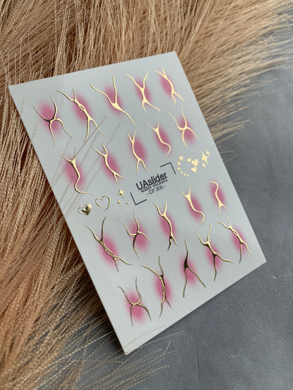 Nail Water Decal CF-305 | Abstract Gold Water Slide Nail Decals | Pink Shadows, Stars & Hearts