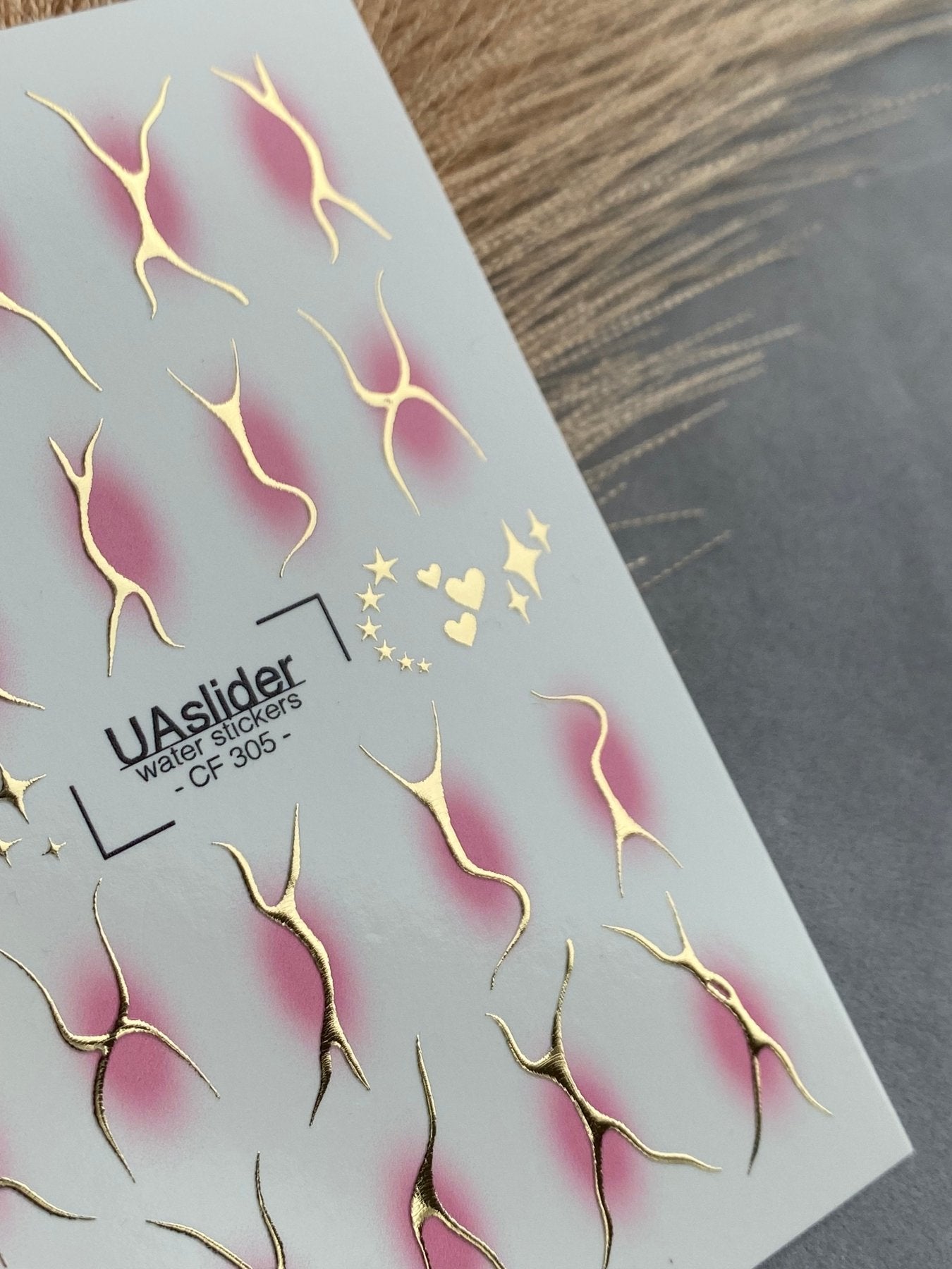 Nail Water Decal CF-305 | Abstract Gold Water Slide Nail Decals | Pink Shadows, Stars & Hearts - UASLIDER