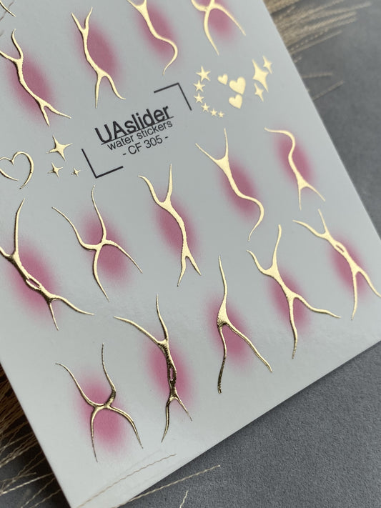 Nail Water Decal CF-305 | Abstract Gold Water Slide Nail Decals | Pink Shadows, Stars & Hearts