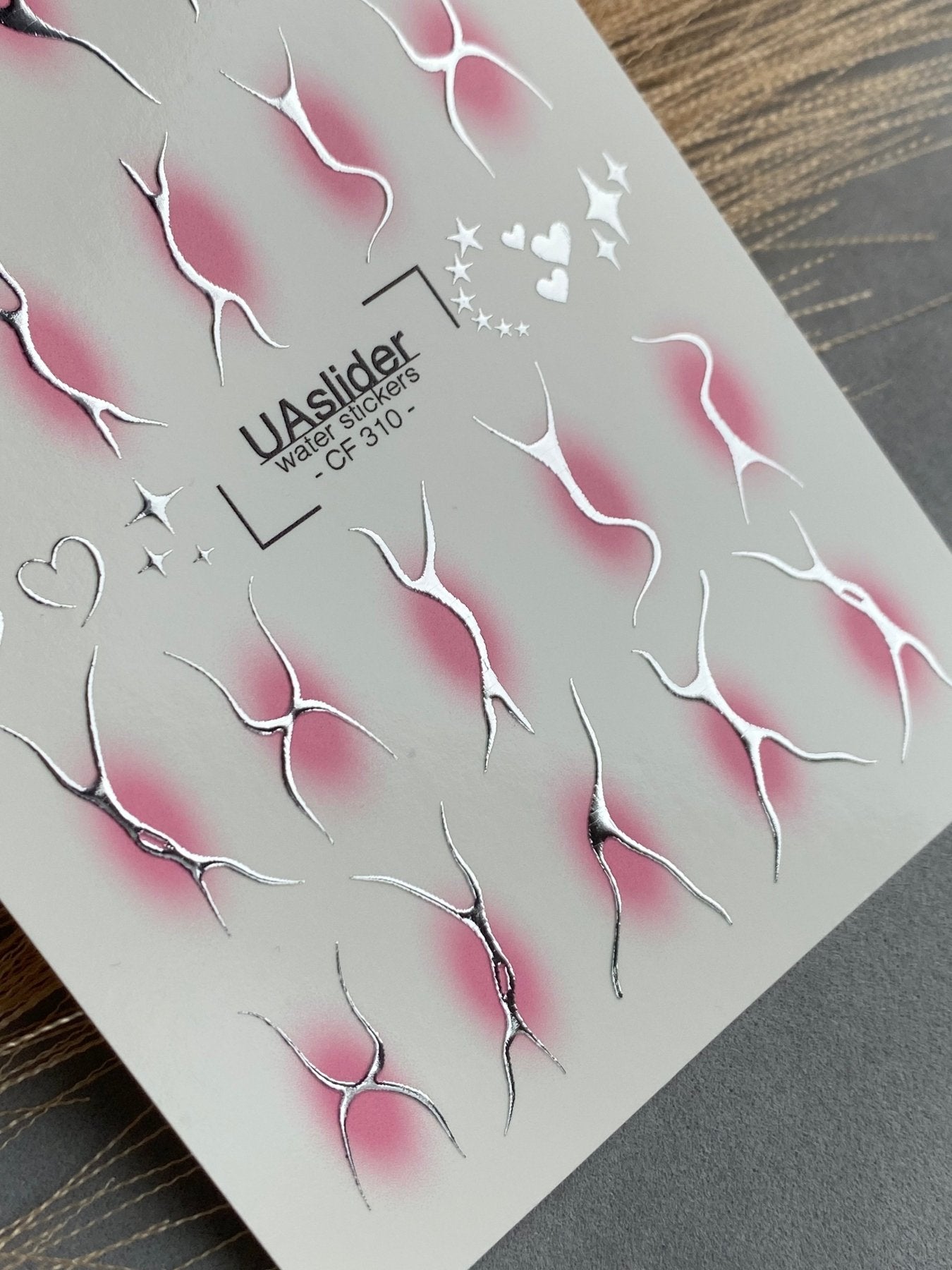 Nail Water Decal CF-310 | Abstract Silver Water Slide Nail Decals | Pink Gradient, Hearts & Stars - UASLIDER