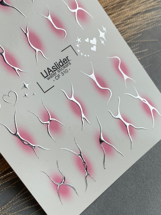 Nail Water Decal CF-310 | Abstract Silver Water Slide Nail Decals | Pink Gradient, Hearts & Stars