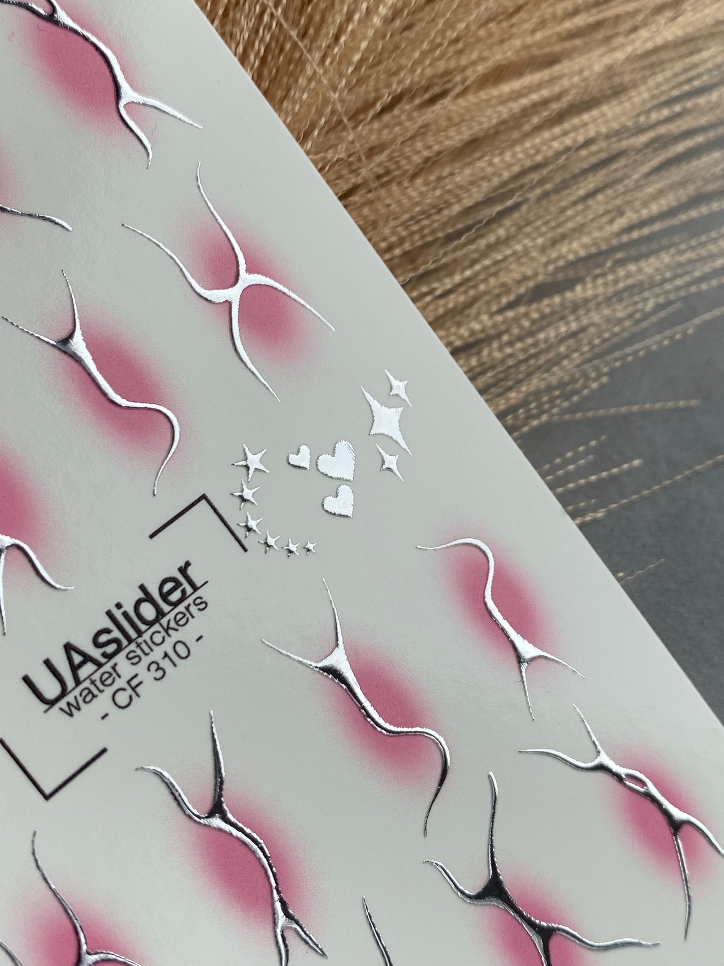Nagu ūdens uzlīme CF-310 | Abstraktas sudraba ūdens slīdēšanas nagu uzlīmes | Rozā gradients, sirdis un zvaigznes