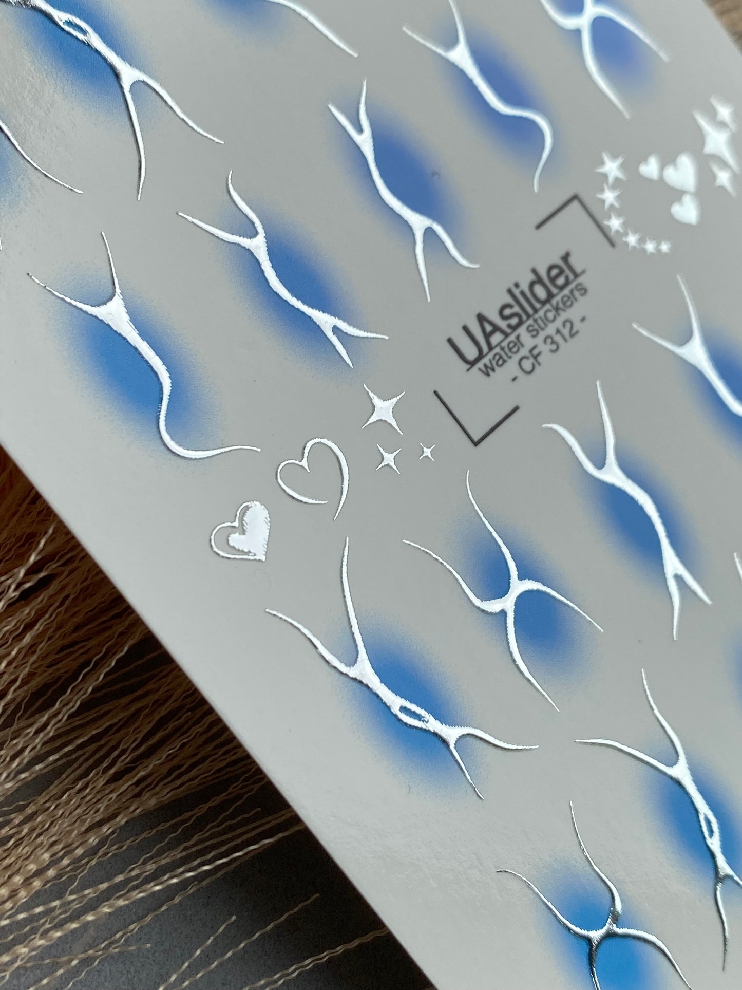 Nail Water Decal CF-312 | Abstract Silver Water Slide Nail Decals | Blue Shadows, Hearts & Stars