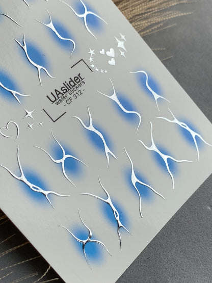 Nail Water Decal CF-312 | Abstract Silver Water Slide Nail Decals | Blue Shadows, Hearts & Stars