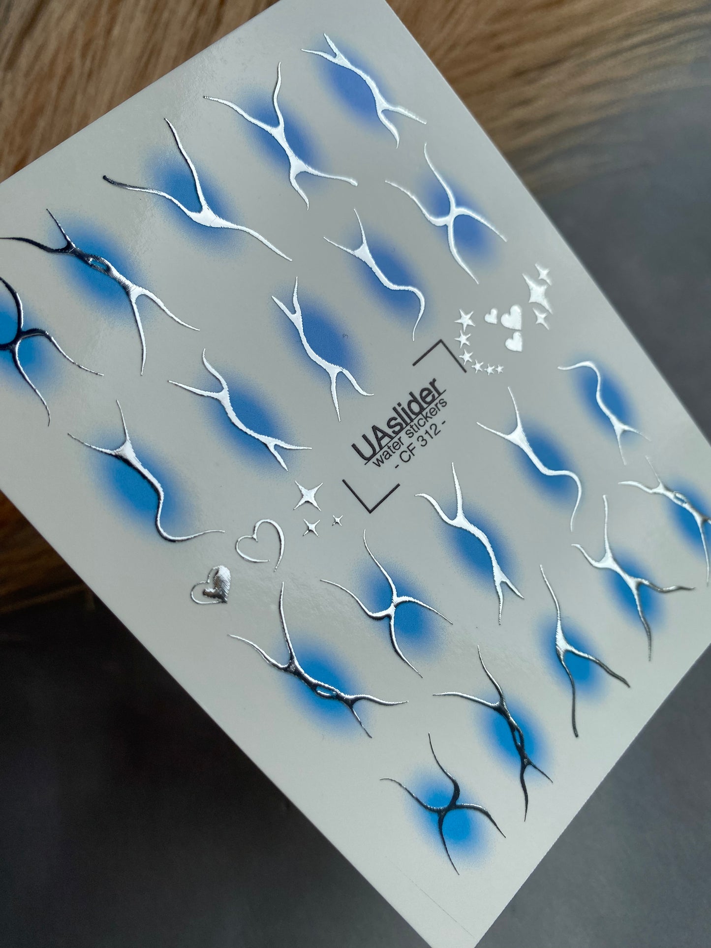 Nail Water Decal CF-312 | Abstract Silver Water Slide Nail Decals | Blue Shadows, Hearts & Stars