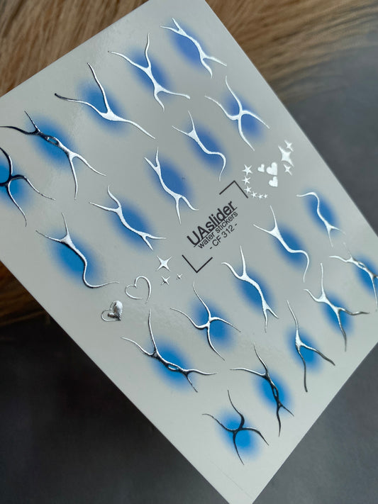 Nail Water Decal CF-312 | Abstract Silver Water Slide Nail Decals | Blue Shadows, Hearts & Stars