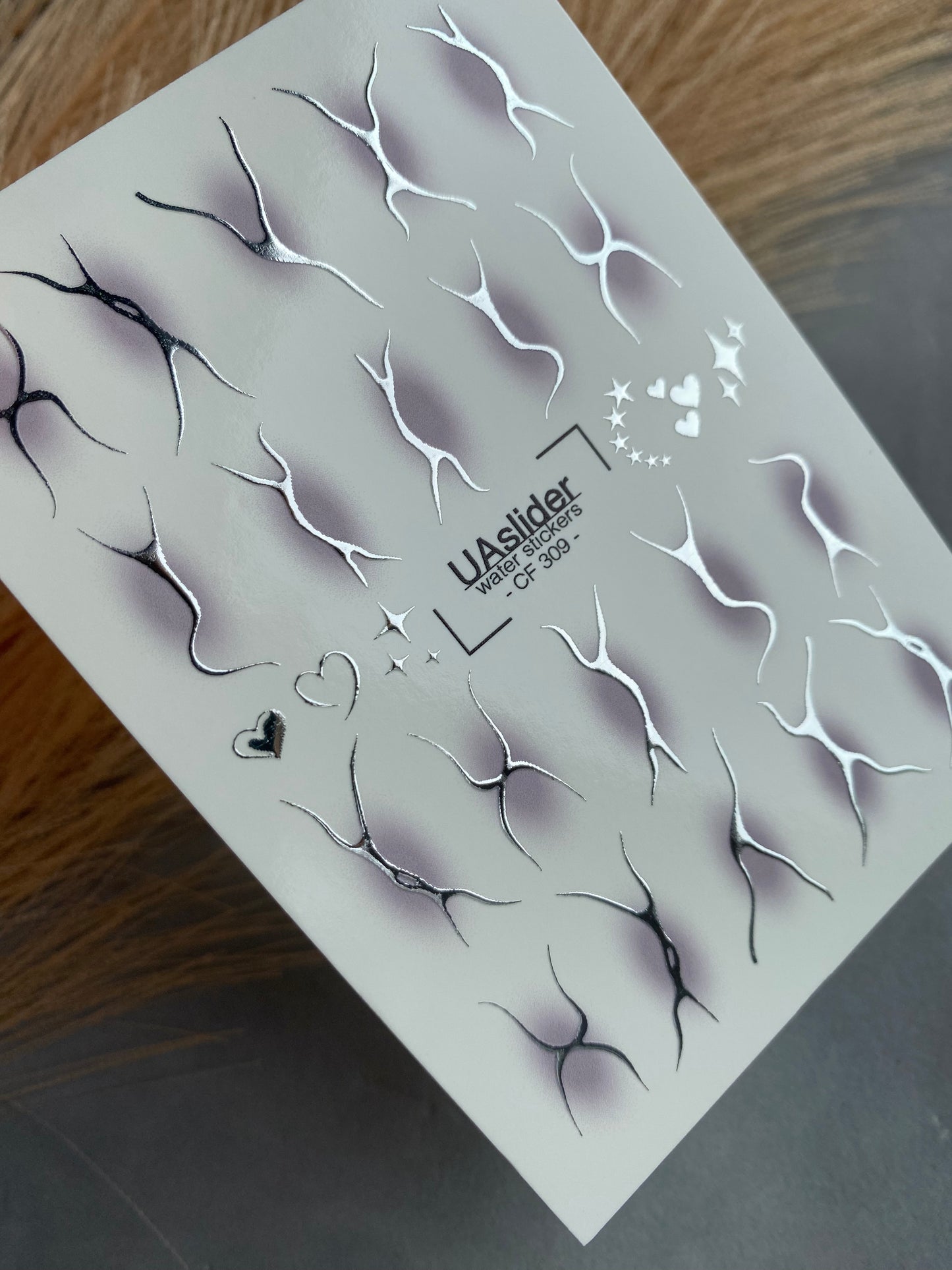 Nail Water Decal CF-309 | Abstract Silver Water Slide Nail Decals | Minimal Lines, Hearts & Stars