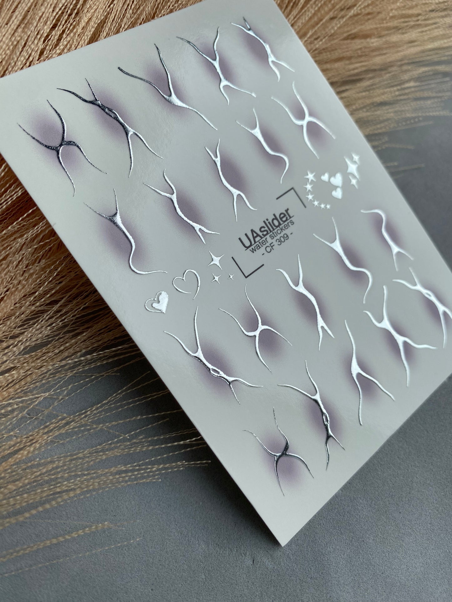 Nail Water Decal CF-309 | Abstract Silver Water Slide Nail Decals | Minimal Lines, Hearts & Stars