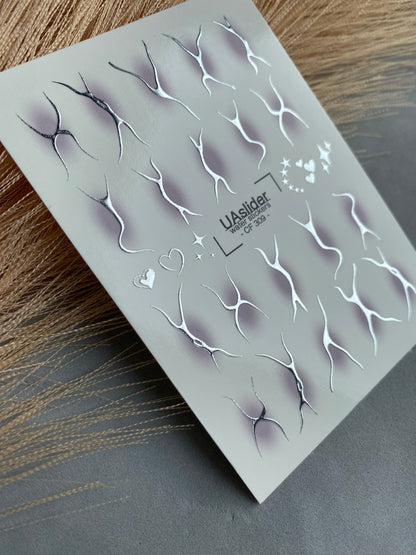 Nail Water Decal CF-309 | Abstract Silver Water Slide Nail Decals | Minimal Lines, Hearts & Stars