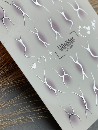 Nail Water Decal CF-309 | Abstract Silver Water Slide Nail Decals | Minimal Lines, Hearts & Stars