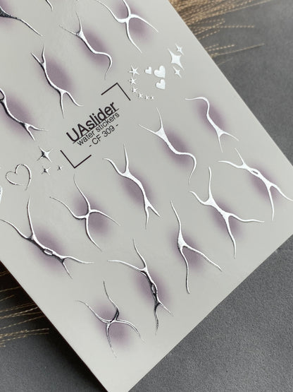 Nail Water Decal CF-309 | Abstract Silver Water Slide Nail Decals | Minimal Lines, Hearts & Stars
